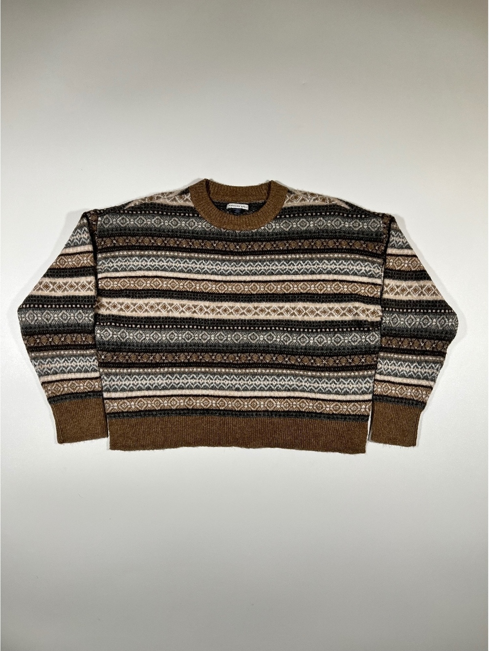 American Eagle Brown Striped Fair Isle Crewneck Sweater Women's XS Wool Blend